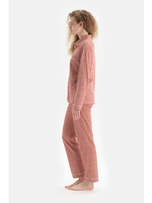 Dagi Kiremit Uzun Kol Bebe Yaka Biyeli Kiremit Çiçek Baskılı Pijama Takım