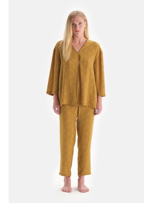 Dagi Hardal Uzun Kolv Yaka Jakarlı Pijama Takım
