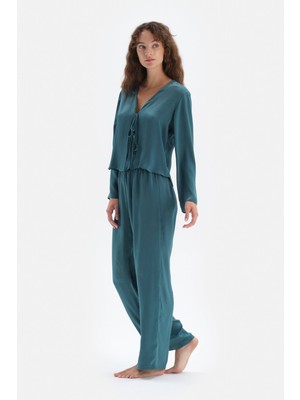 Dagi Petrol Mavisi Uzun Kol Bağcık Detaylı Üst Bol Paça Alt Saten Pijama Takım