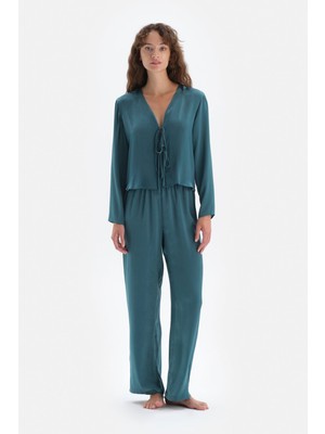 Dagi Petrol Mavisi Uzun Kol Bağcık Detaylı Üst Bol Paça Alt Saten Pijama Takım