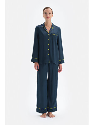 Dagi Petrol Mavisi Neon Biye Detaylı Saten Gömlek Pijama Takım