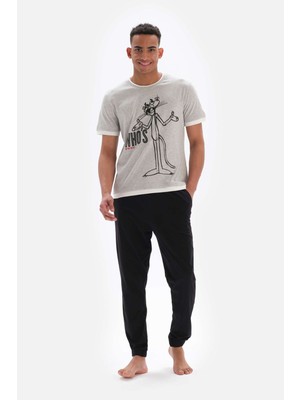 Dagi Gri Kısa Kollu Baskılı Jogger Paça Örme Pijama Takımı