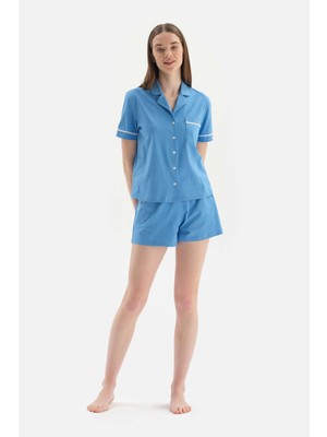 Dagi Mavi Gömlek Yaka Fisto Biye Detaylı Örme Pijama Takımı
