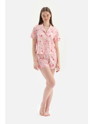 Dagi Somon Gömlek Yaka Metraj Baskılı Örme Pijama Takımı