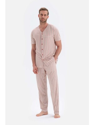 Dagi Ekru Kısa Kollu Çizgili Örme Pijama Takımı