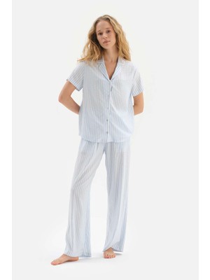 Dagi Açıkmavi Merdiven Biye Detaylı Çizgili Dokuma Pijama Takımı