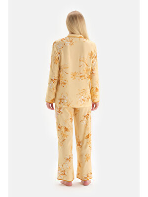 Dagi Sarı Ceket Yaka Uzun Kol Çiçek Desen Pijama Takım