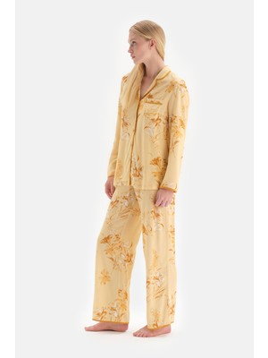 Dagi Sarı Ceket Yaka Uzun Kol Çiçek Desen Pijama Takım