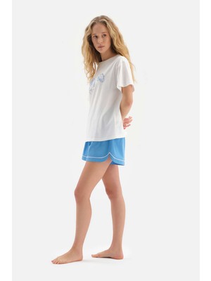 Dagi Beyaz Bis Yaka Baskılı Örme Pijama Takımı