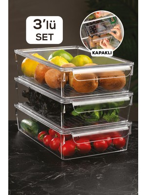 Meleni Home 3'Lü Kapaklı Buzdolabı Düzenleyici Buzdolabı Içi Düzenleyici Organizer 7 X 32,5 X 20 Cm