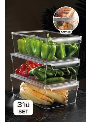 Meleni Home 3'Lü Set Kapaklı Buzdolabı Düzenleyici Buzdolabı Içi Düzenleyici Organizer 10 X 32,5 X 20 Cm