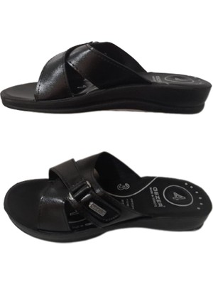 Gezer Kadın Siyah Ortapedik Çapraz Bantlı Yürüyüş Terlik GE082-10