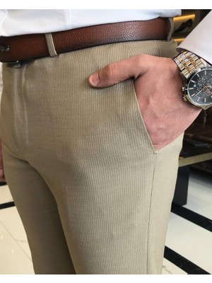 Terzi Adem Italyan Kesim Slim Fit Erkek Çizgili Pantolon Camel T9450