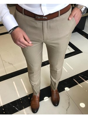 Terzi Adem Italyan Kesim Slim Fit Erkek Çizgili Pantolon Camel T9450