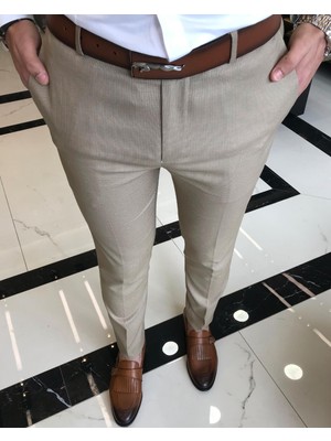 Terzi Adem Italyan Kesim Slim Fit Erkek Çizgili Pantolon Camel T9450