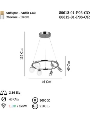 Lucea Branco 3+3'lü Krom Ledlı Avıze 400 mm Kademelı