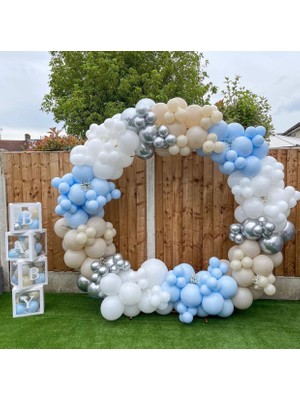 Eğlence Marketi Krom Gümüş Makaron Mavi Deniz Kumu ve Beyaz Balon Zinciri 100 Adet