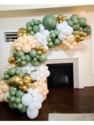 Eğlence Marketi Krom Gold Küf Yeşili Beyaz ve Somon Balon Zinciri 100 Adet