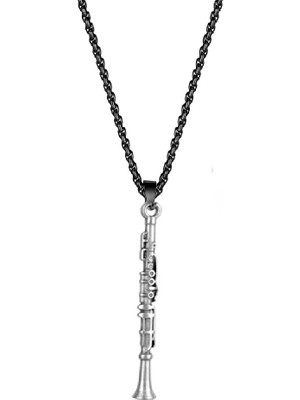 Herşey Nota Klarnet Kolye Metal Gri Kolye Ucu Siyah Zincir Paslanmaz Çelik Zincir Kadın - Erkek