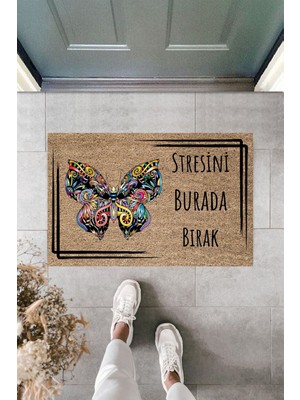 Dormot Home Modern Dijital Baskı - Çerçeveli Stresini Burada Bırak Kelebek 70X45CM Kapı Önü Paspası