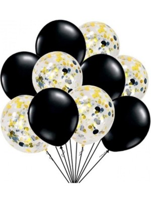 Kidspartim 10 Lu Siyah Gold Konfetili Balon Seti