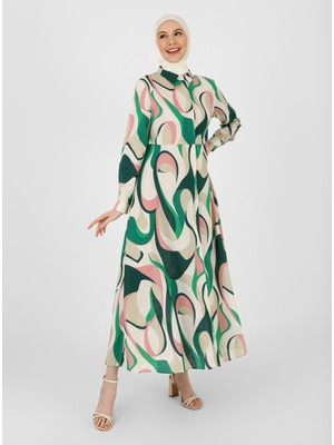 Refka Doğal Kumaşlı Geometrik Desenli Tesettür Elbise - Pembe - Refka Casual