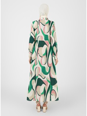 Refka Doğal Kumaşlı Geometrik Desenli Tesettür Elbise - Pembe - Refka Casual