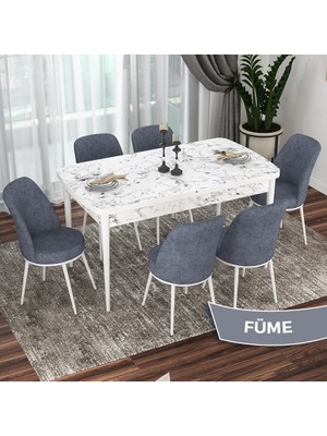 Canisa Concept Via Serisi Beyaz Mermer Desen Açılabilir 80X132 Mutfak Masası Takımı 6 Adet Sandalye