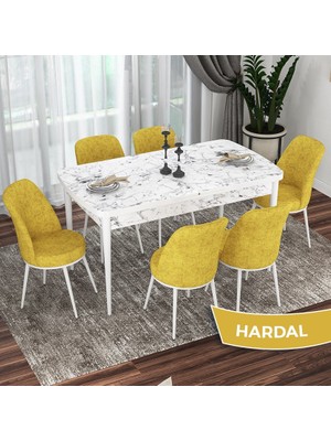 Canisa Concept Via Serisi Beyaz Mermer Desen Açılabilir 80X132 Mutfak Masası Takımı 6 Adet Sandalye