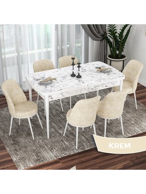 Canisa Concept Via Serisi Beyaz Mermer Desen Açılabilir 80X132 Mutfak Masası Takımı 6 Adet Sandalye