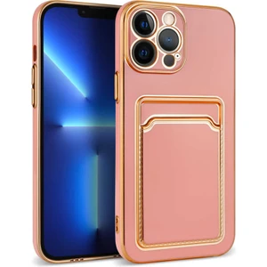 Apple iPhone 12 Pro Max Kılıf Kenarı Gold Renkli Silikon Bark Kapak Kartlıklı Kapak