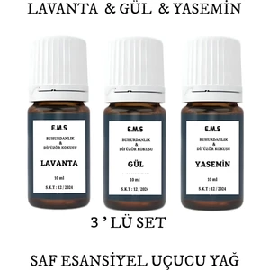 Lavanta -Gül - Yasemin Esansiyel Uçucu Yağ Buhurdanlık Yağı Difüzör Esansı Ortam Kokusu. 3 x 10 ml