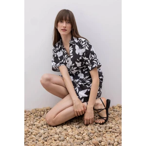 Gömlek Yaka Desenli Terry Cotton Mini Kısa Kollu Elbise