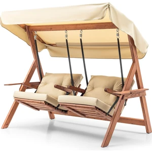 Swing Ikiz Kule Iki Kişilik Ahşap Dış Mekan Bahçe Balkon ve Teras Salıncağı Krem