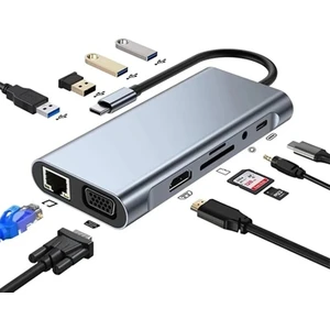 Macbook Pro Air Type-C Çevirici Dönüştürücü Çoklayıcı Pd Şarj Hdmı Sd Network VGA Girişli 11 In 1