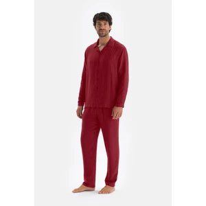 Bordo Uzun Kol Saten Gömlek Pijama Takım