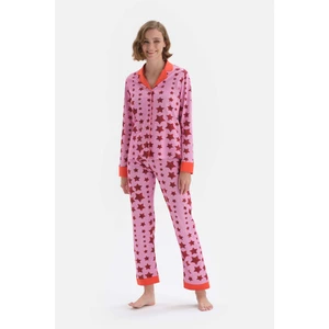Nar Çiçeği Gömlek Yaka Desenli Uzun Kollu Örme Pijama Takımı