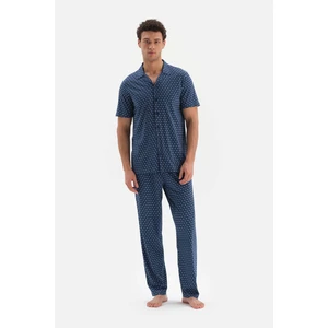 Lacivert Gömlek Yaka Metraj Baskılı Pijama Takımı