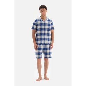 Lacivert Gömlek Yaka Ekose Dokuma Pijama Takımı