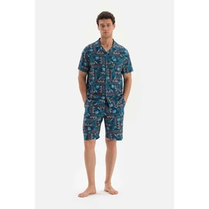 Lacivert Gömlek Yaka Metraj Baskılı Dokuma Pijama Takımı