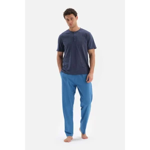 Lacivert Yarım Patlı Kısa Kollu Pamuk Modal Pijama Takımı