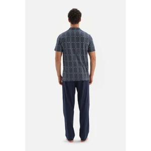 Lacivert Gömlek Yaka Baskılı Üst Örme Pijama Takımı