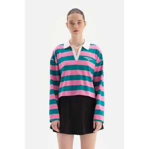 Pembe Kadin Sweatshirt Yakali Çizgili