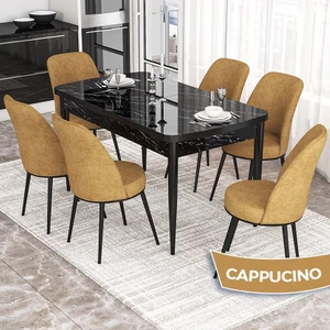 Concept Via Serisi Siyah Mermer Desen 80X132 Açılabilir Mutfak Masası Takımı 6 Adet Sandalye