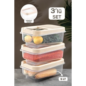 Meleni Home 3'lü Set Multibox 5 Lt Bakliyat Saklama Kabı - Kayar Kapaklı Erzak Saklama Kabı Un Kabı Krem