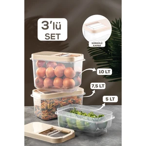 Meleni Home 3'lü Set Bakliyat Saklama Kabı - Kayar Kapaklı Erzak Saklama Kabı Un Kabı Krem 5 Lt-7,5 Lt-10 Lt
