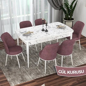 Concept Via Serisi Beyaz Mermer Desen Açılabilir 80X132 Mutfak Masası Takımı 6 Adet Sandalye
