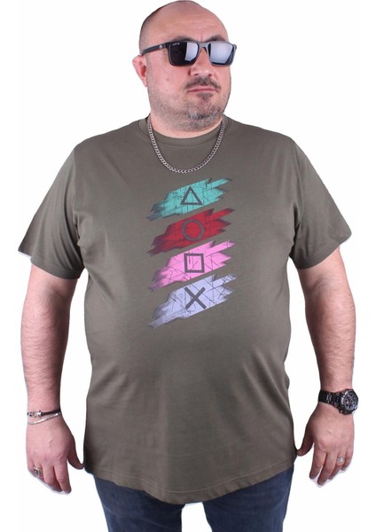 Büyük Beden Sıfır Yaka Tişört Play Station 23171 Hakı