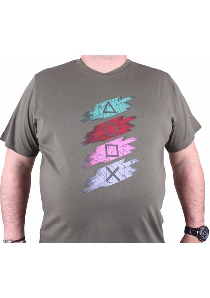 Büyük Beden Sıfır Yaka Tişört Play Station 23171 Hakı fiyatları