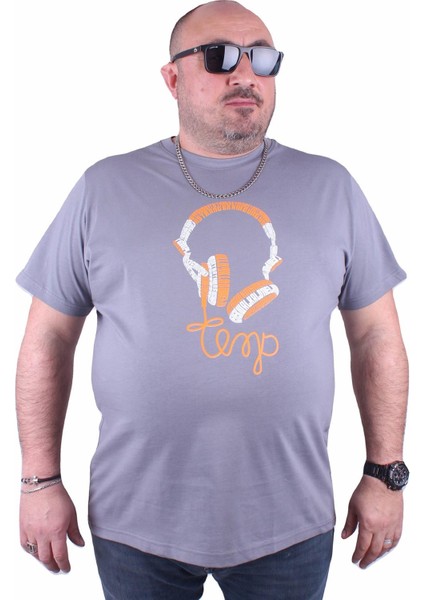 Büyük Beden Sıfır Yaka Tişört Headphone 23172 Gri